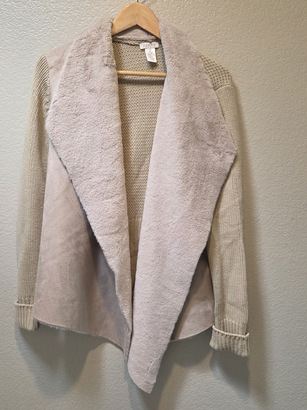 Caché Faux Shearling Collar Knit Jacket XL Boho Cozy Cardigan
